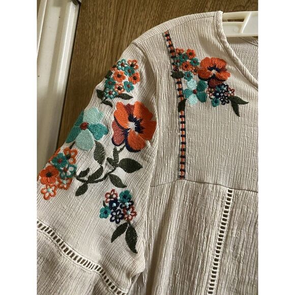 Gibson Latimer Sheer Ivory Womens S Boho Floral Embroidered Blouse Colorful - Picture 7 of 15